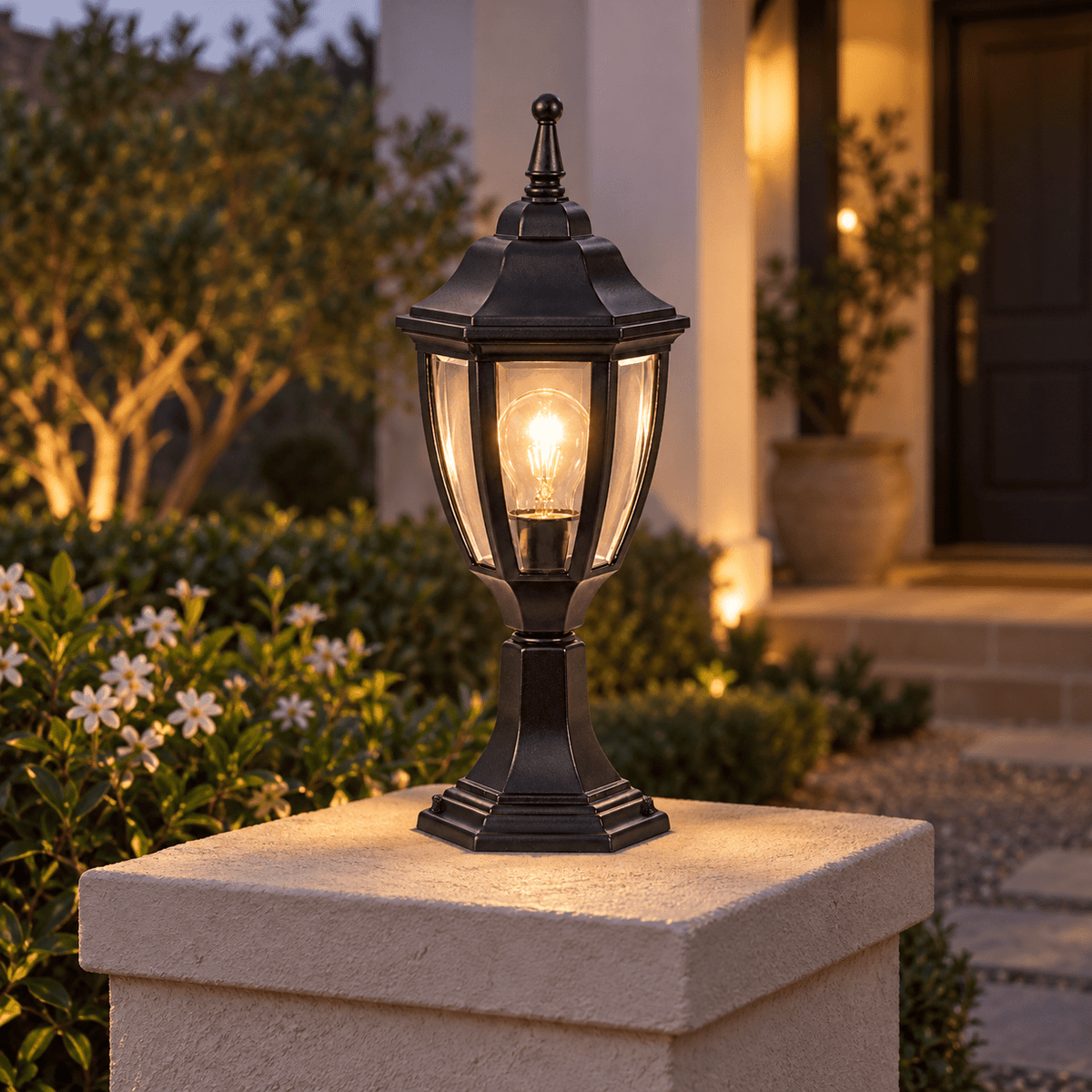 Black Outdoor Pillar Light - Die Cast Aluminium IP33 — beside a garden path