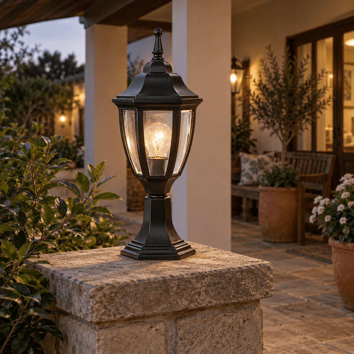 Black Outdoor Pillar Light - Die Cast Aluminium IP33 — in a sheltered guesthouse courtyard