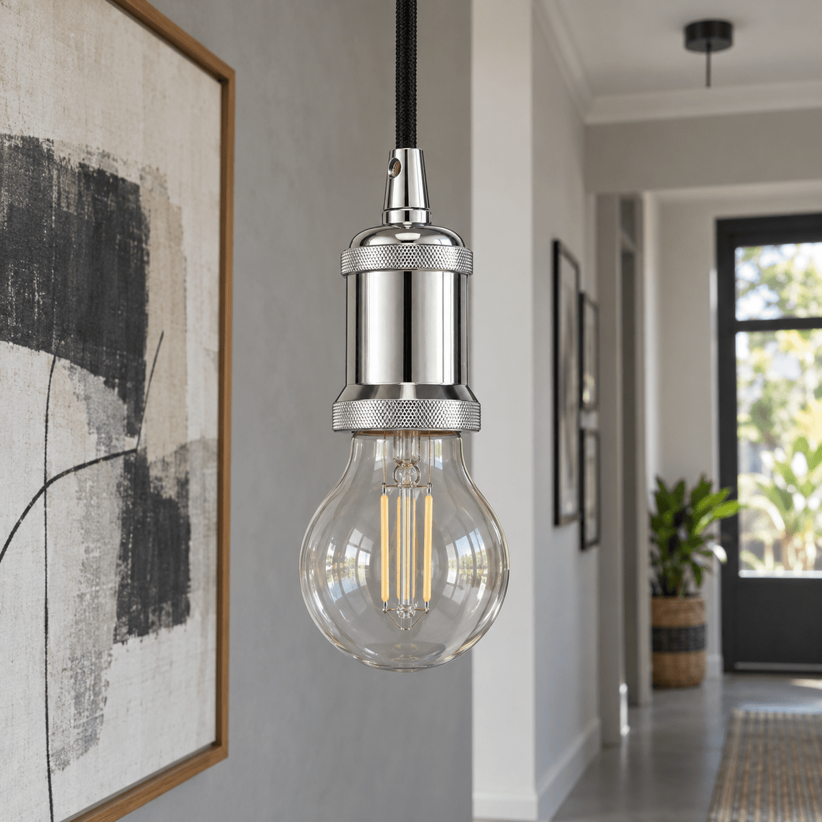 E27 Lampholder - Chrome — chrome details in a hallway installation