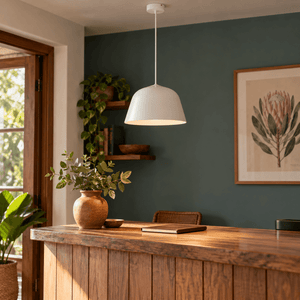 Cupcake White Pendant Light — over a guesthouse reception counter