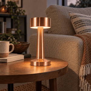 230V 2W LED Copper Turret Rechargeable Table Lamp — evening living-room side table