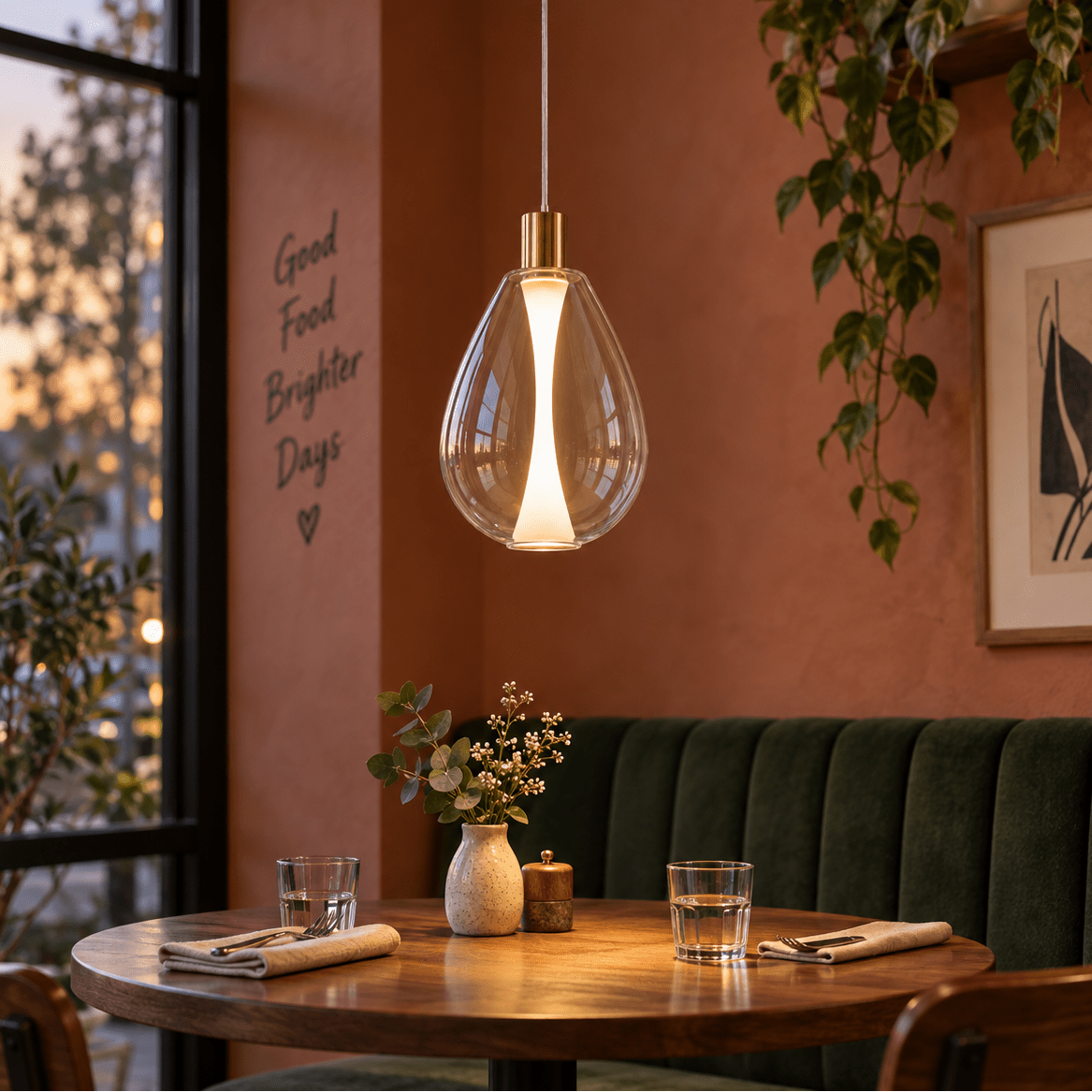 Clear Glass LED Pendant Light - Warm White Minimalist — indoor bistro table