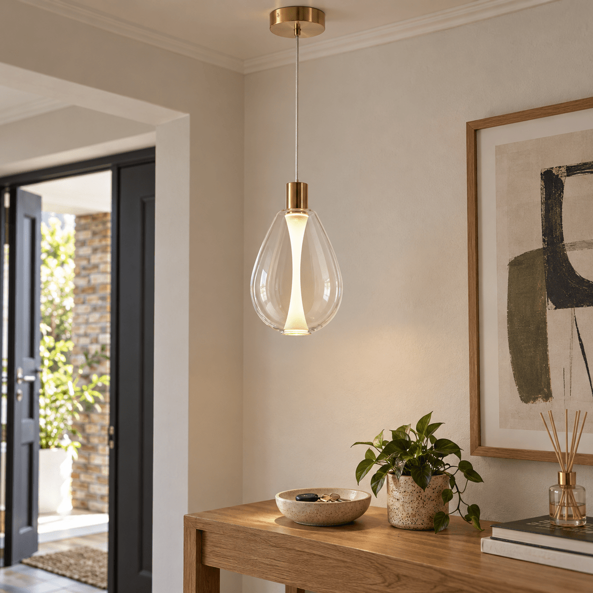 Clear Glass LED Pendant Light - Warm White Minimalist — indoor entrance console