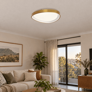 Gold 36W dimmable LED ovoid ceiling fitting, 42cm, switched on — living-room ceiling