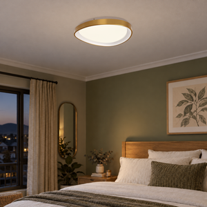 Gold 36W dimmable LED ovoid ceiling fitting, 42cm, switched on — evening bedroom