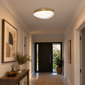 Gold 36W dimmable LED ovoid ceiling fitting, 42cm, switched on — indoor hallway