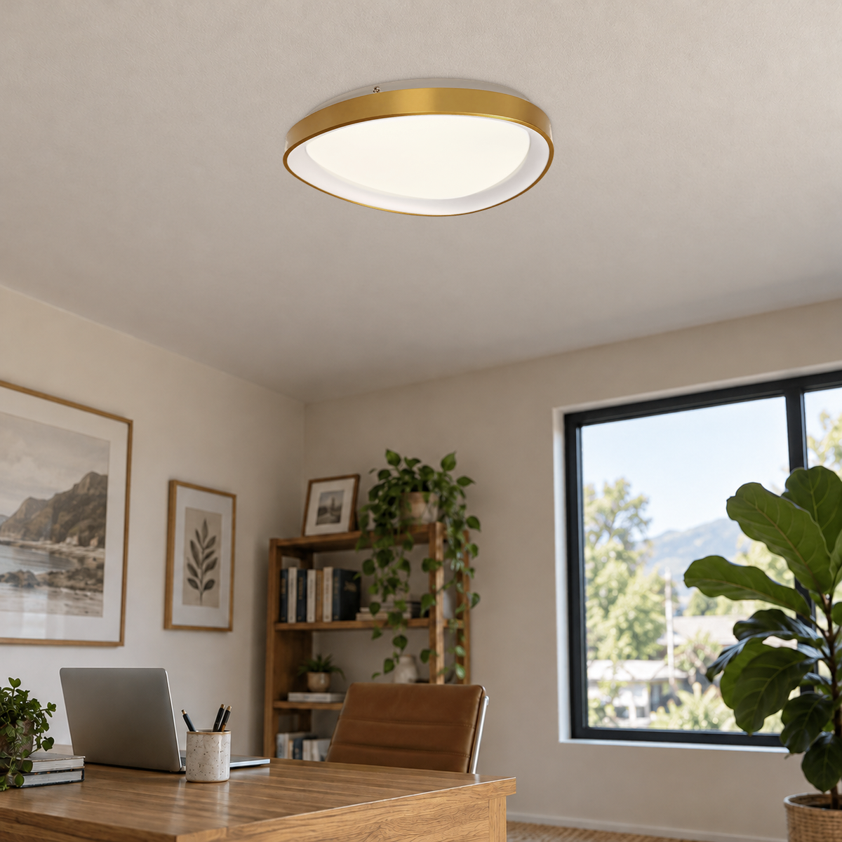 Gold 36W dimmable LED ovoid ceiling fitting, 42cm, switched on — daylight home office