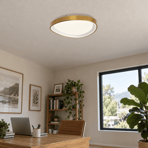 Gold 36W dimmable LED ovoid ceiling fitting, 42cm, switched on — daylight home office
