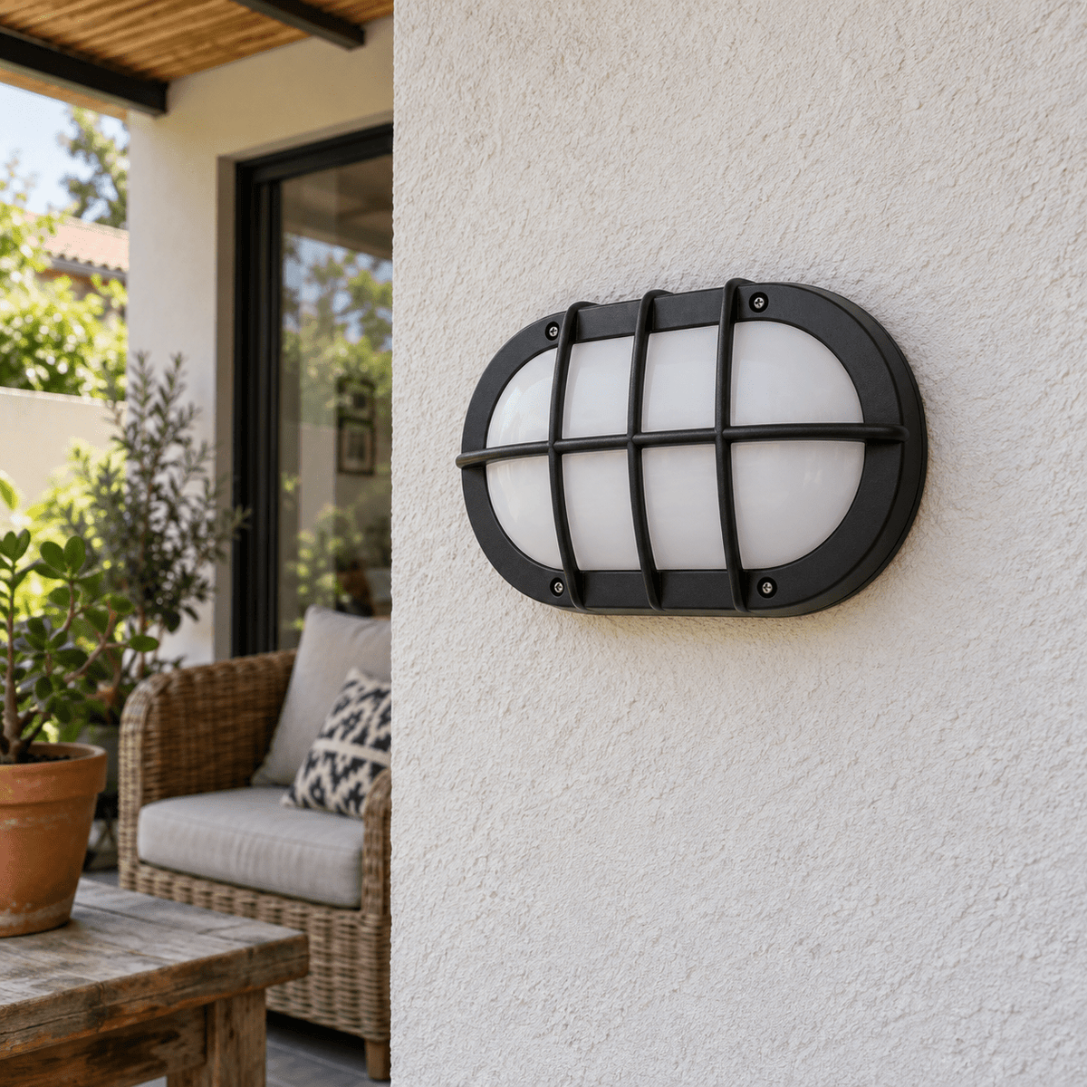 Matt Black Bulkhead Outdoor Wall Light IP44 — daylight covered patio
