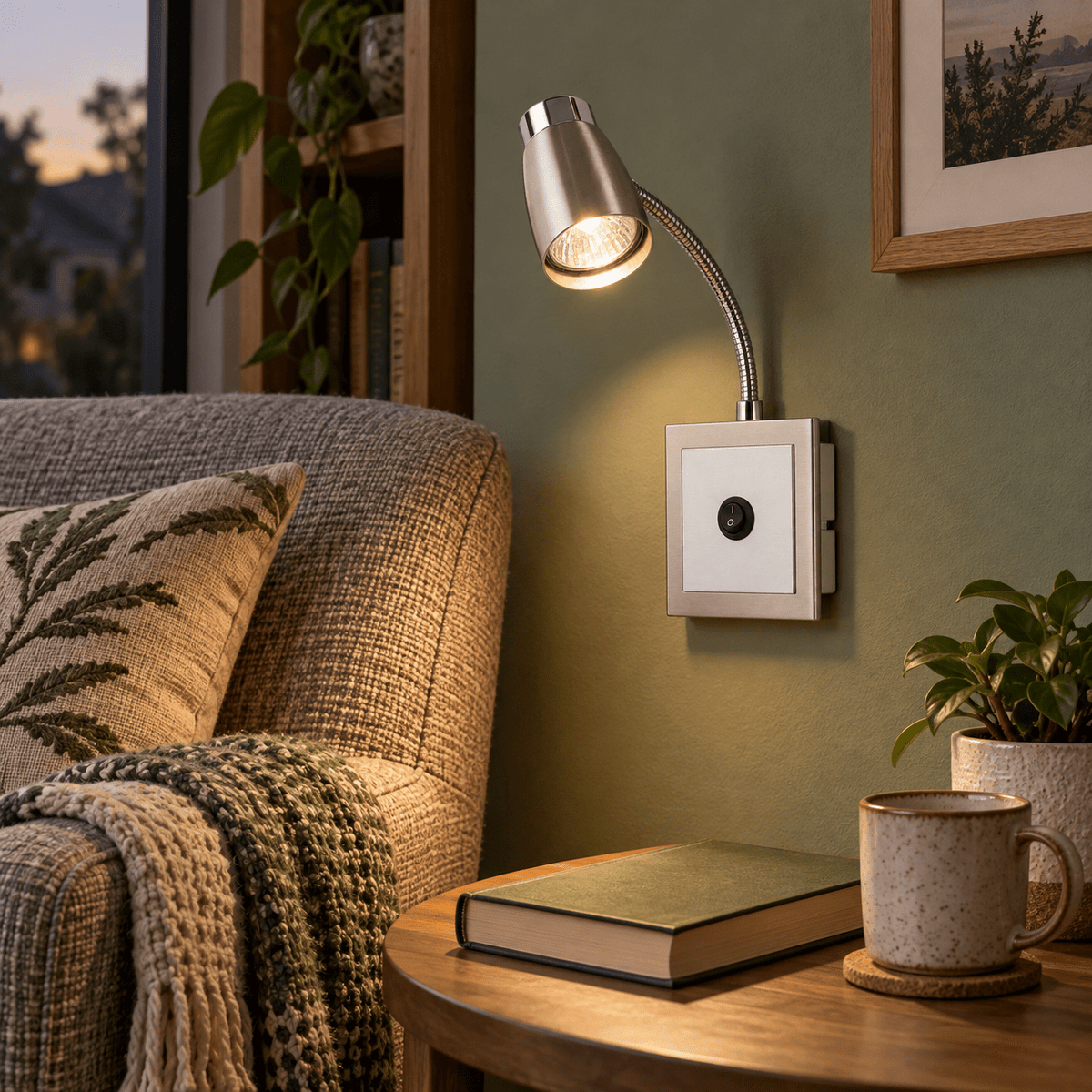 LED Satin & Polished Chrome Wall Light with Switch & Flexible Arm — armchair reading nook