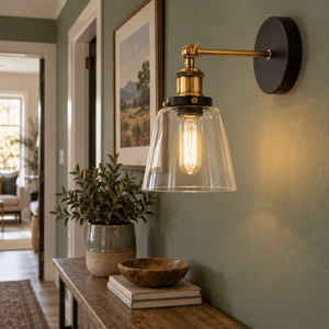 Antique Brass Indoor Wall Light - Clear Glass — indoor hallway