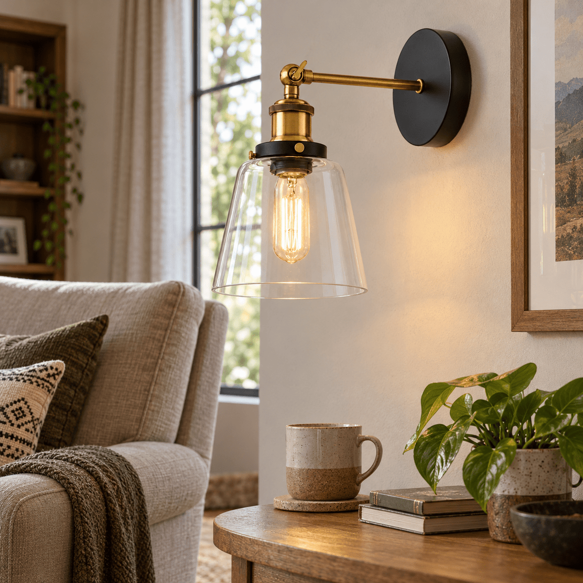 Antique Brass Indoor Wall Light - Clear Glass — living-room reading corner