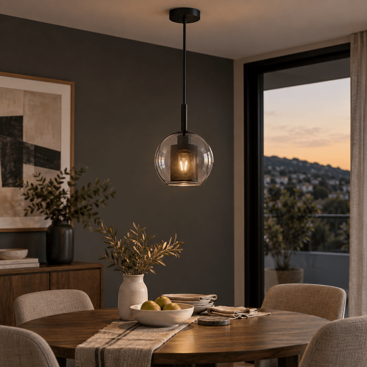 New York 20cm Ball Glass Pendant - Smoke Glass & Black Mesh — walnut dining table