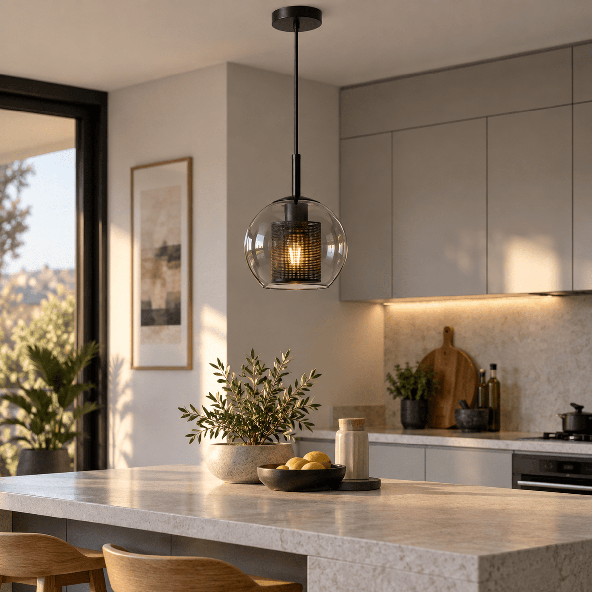 New York 20cm Ball Glass Pendant - Smoke Glass & Black Mesh — kitchen island