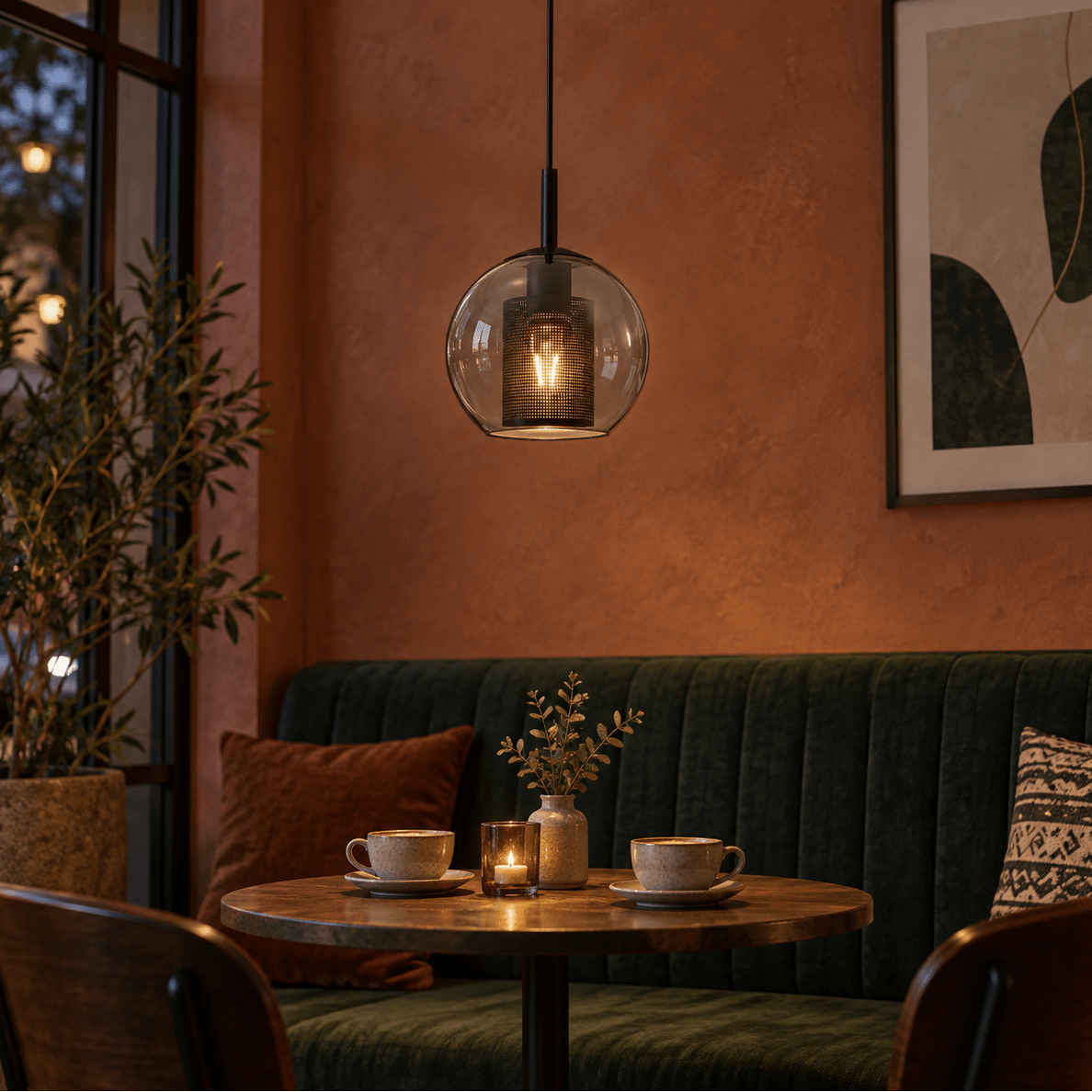 New York 20cm Ball Glass Pendant - Smoke Glass & Black Mesh — indoor bistro table