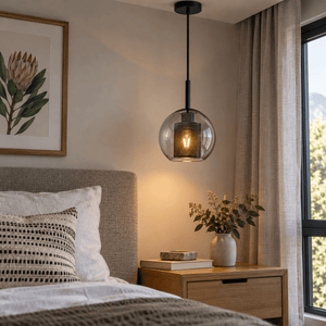 New York 20cm Ball Glass Pendant - Smoke Glass & Black Mesh — guest-room bedside