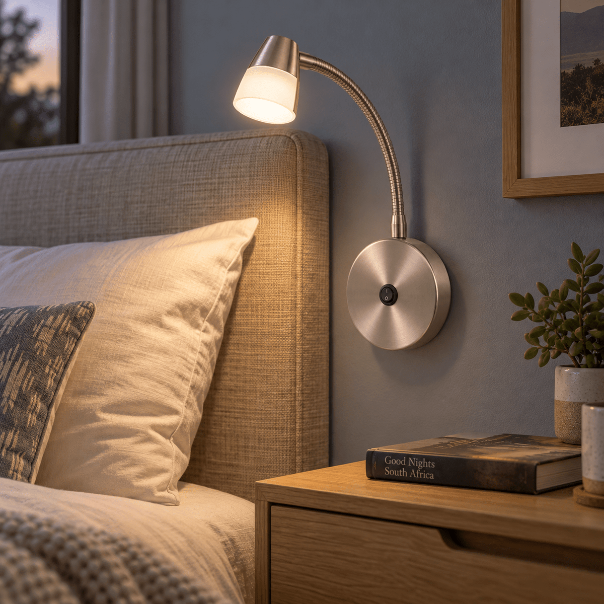 Satin Chrome Indoor Wall Light with Switch & Adjustable Arm — bedside reading area
