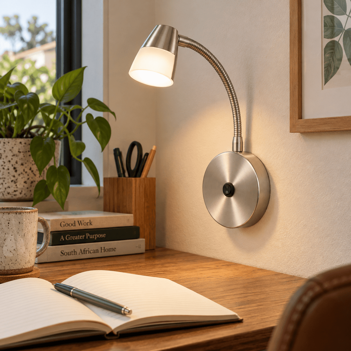 Satin Chrome Indoor Wall Light with Switch & Adjustable Arm — home-office desk