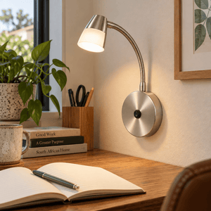 Satin Chrome Indoor Wall Light with Switch & Adjustable Arm — home-office desk