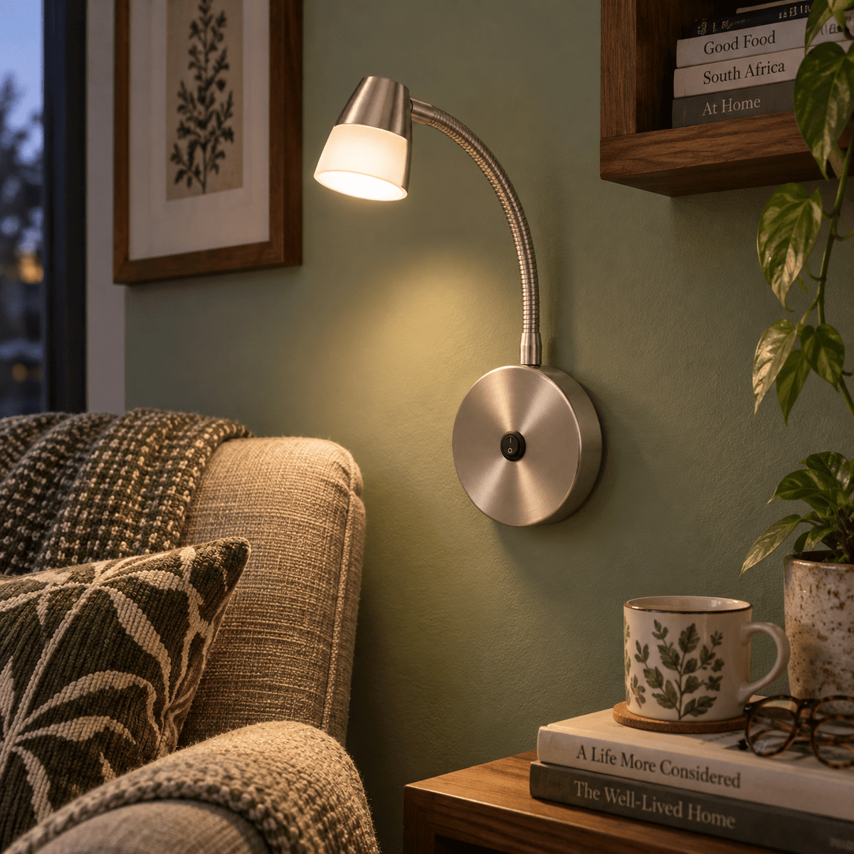 Satin Chrome Indoor Wall Light with Switch & Adjustable Arm — armchair reading corner