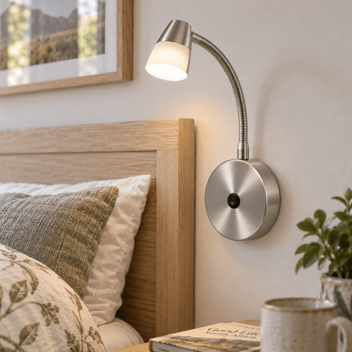 Satin Chrome Indoor Wall Light with Switch & Adjustable Arm — daylight guest-room detail