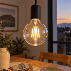 240v 4W E27 LED G95 Ball Filament Bulb - Glass: Clear — dining-table exposed pendant