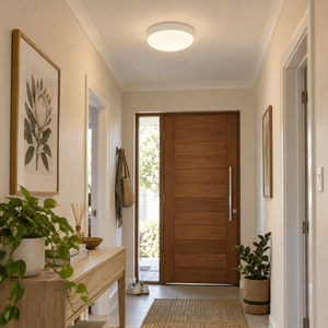 Small Polycarbonate LED Indoor Light — flush-mounted in a welcoming hallway