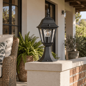 Black Outdoor Pillar Light IP33 — installed beside a covered veranda