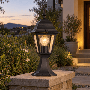 Black Outdoor Pillar Light IP33 — lighting a garden path from a masonry plinth