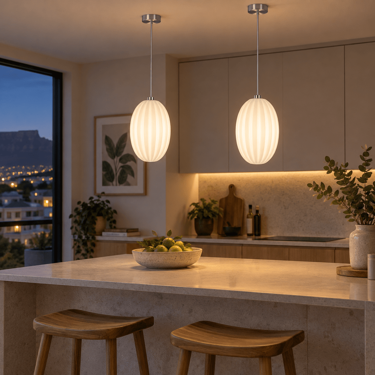 Marilyn Chrome & Opal Pendant Light — paired over a kitchen breakfast counter