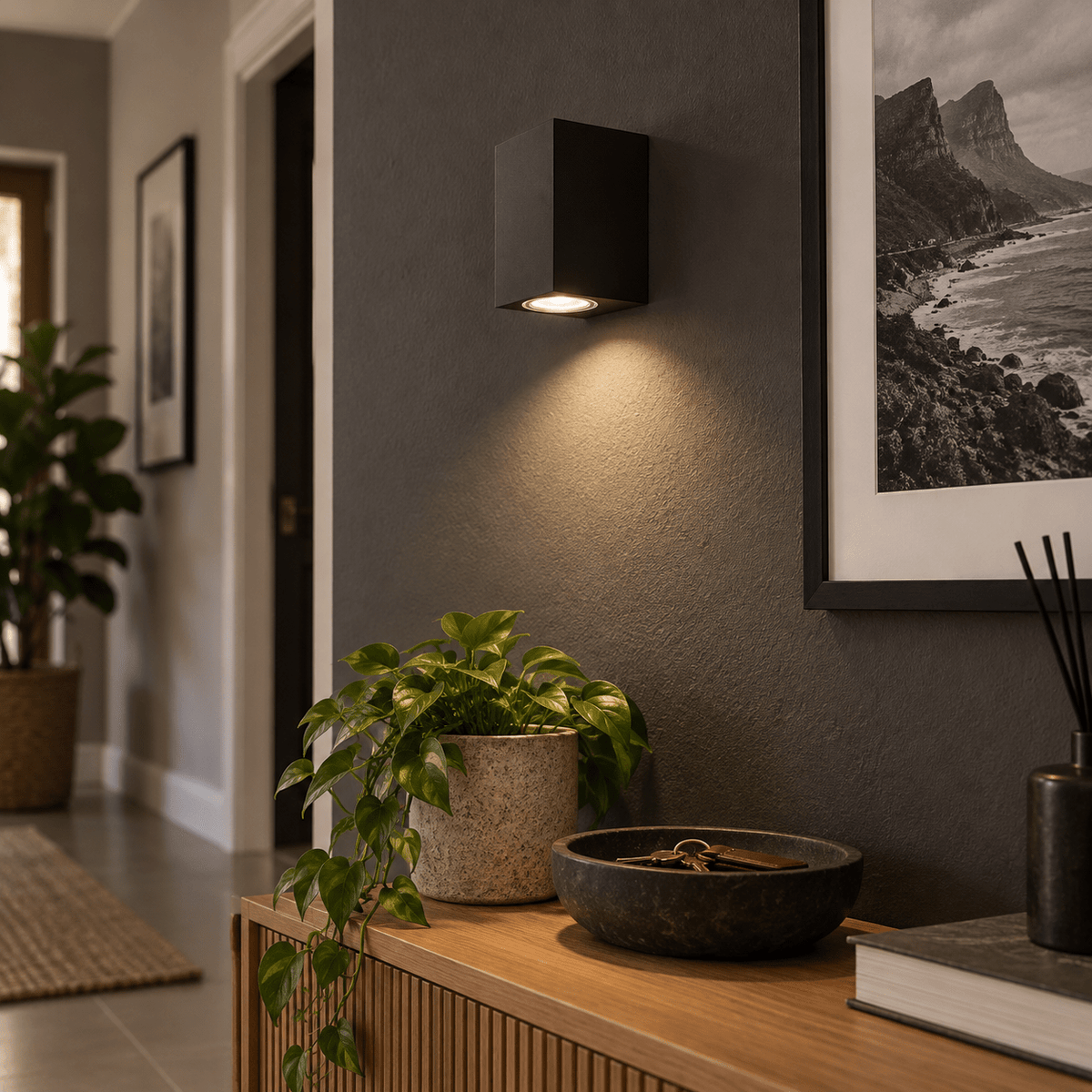 Black LED Outdoor Wall Light - Coastal — providing downward light in a hallway
