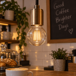 240v 4W E27 LED Filament Golf Ball Bulb - Clear — installed in a cafe pendant socket