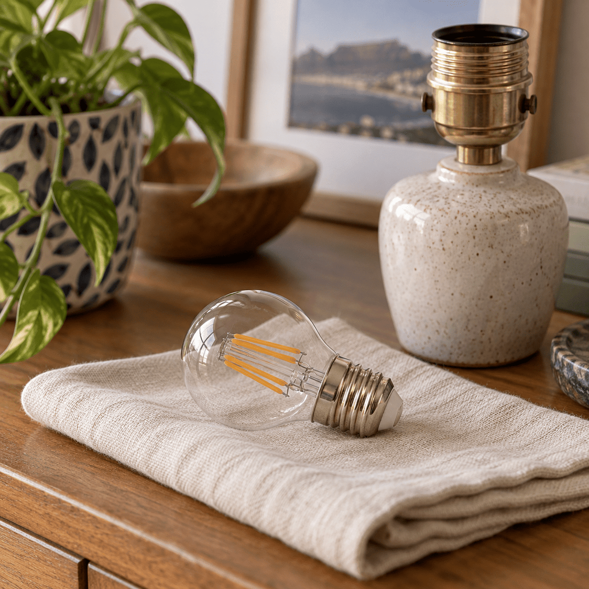 240v 4W E27 LED Filament Golf Ball Bulb - Clear — resting on linen before installation