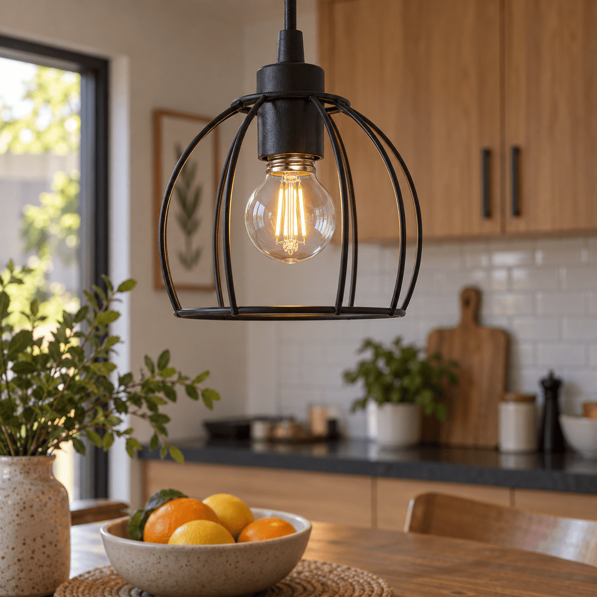 240v 4W E27 LED Filament Golf Ball Bulb - Clear — inside an open kitchen pendant