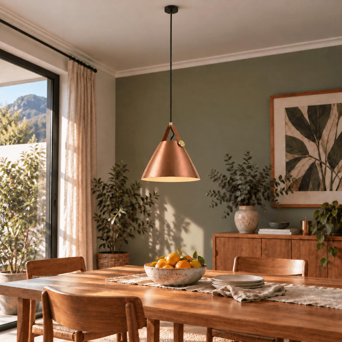 Large copper leather and iron pendant light with long black suspension, switched on — over a dining table