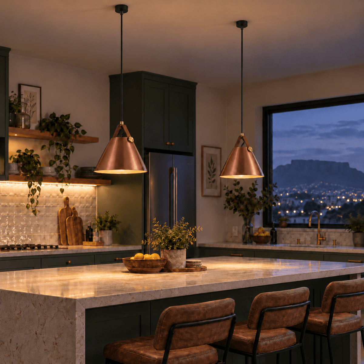 Large copper leather and iron pendant light with long black suspension, switched on — a pair over a kitchen island