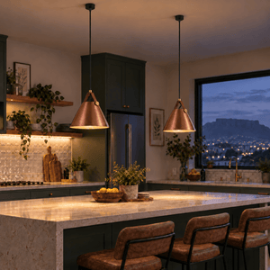 Large copper leather and iron pendant light with long black suspension, switched on — a pair over a kitchen island