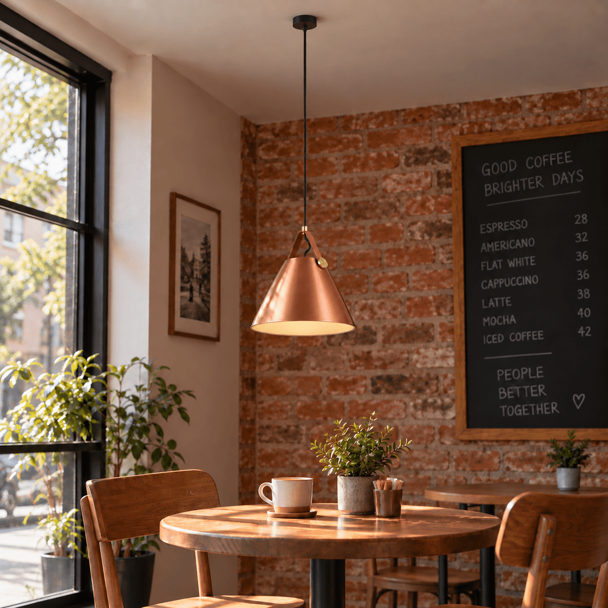 Large copper leather and iron pendant light with long black suspension, switched on — over a cafe table