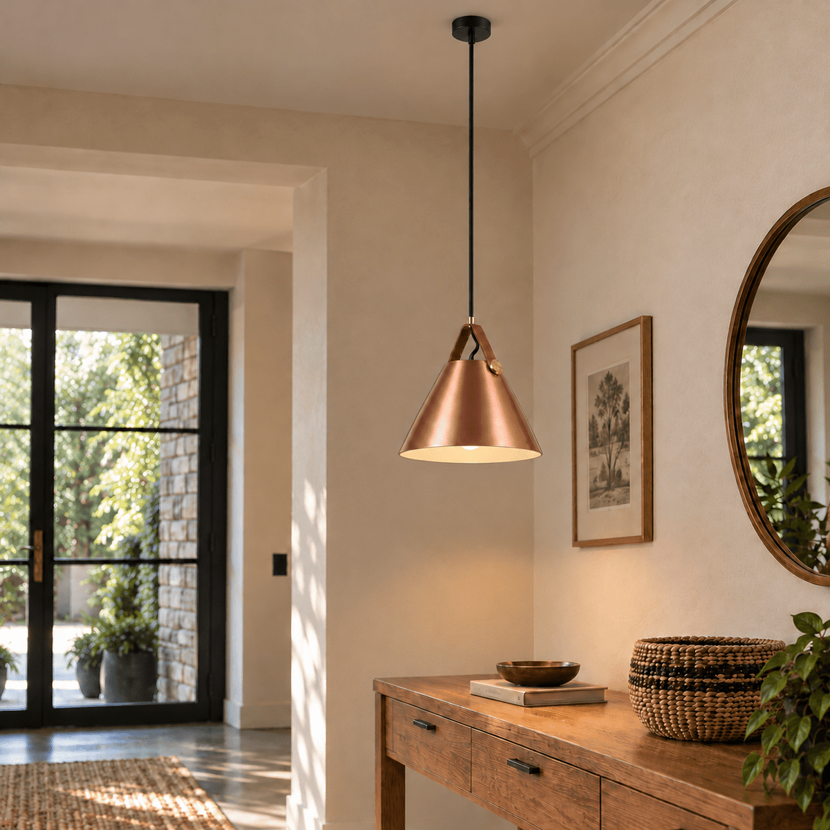 Large copper leather and iron pendant light with long black suspension, switched on — over an entry console