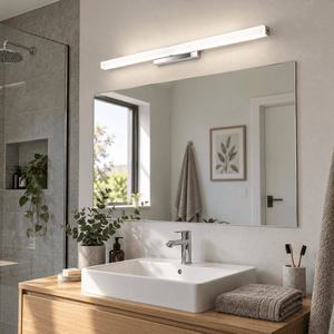 Chrome LED Bathroom Wall Light - IP44 Frosted Acrylic — above an oak bathroom vanity