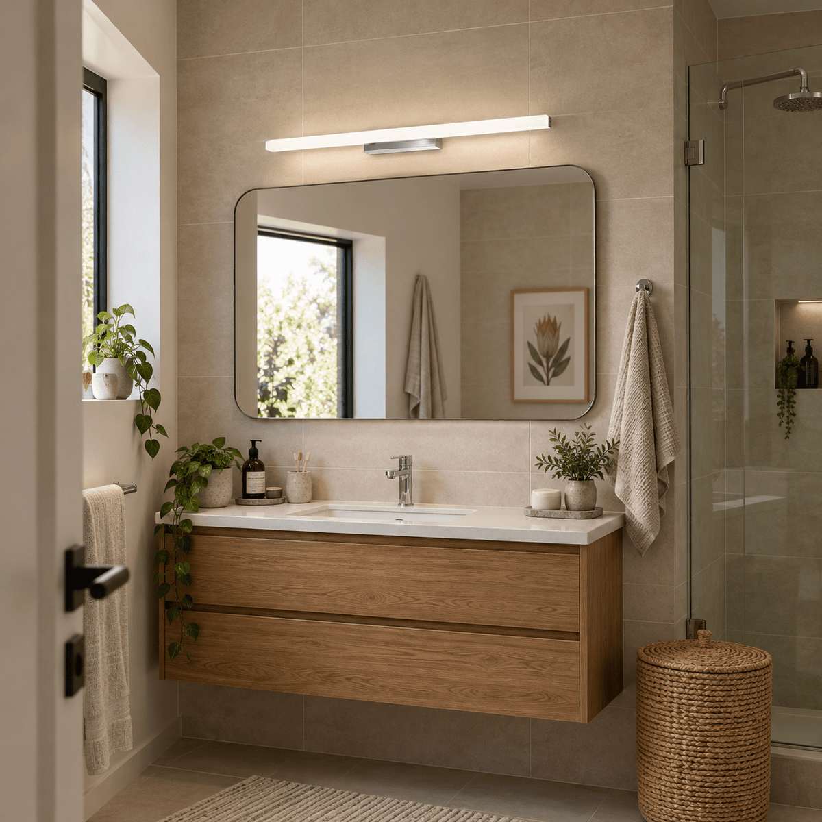 Chrome LED Bathroom Wall Light - IP44 Frosted Acrylic — installed over a family bathroom mirror