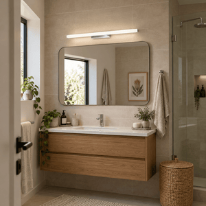 Chrome LED Bathroom Wall Light - IP44 Frosted Acrylic — installed over a family bathroom mirror