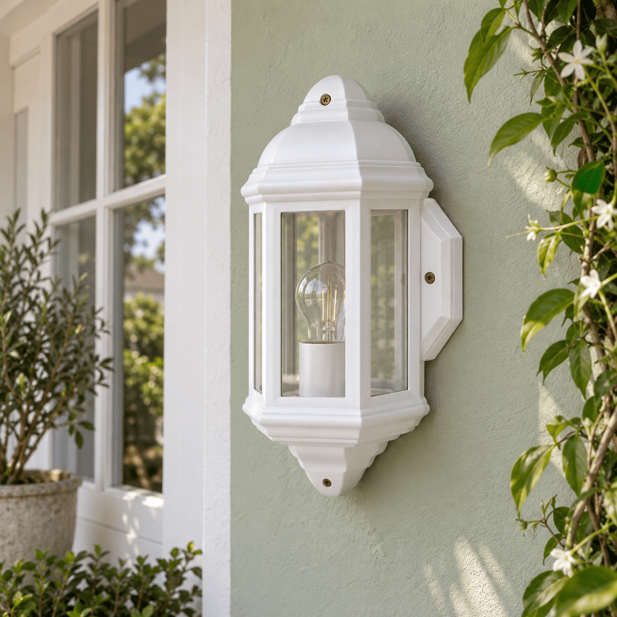 White Outdoor Wall Light Coastal — showing its white lantern detail on a porch