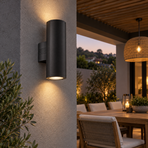 Black Outdoor Wall Light - Die Cast Aluminium IP44 — mounted on a covered-patio pillar
