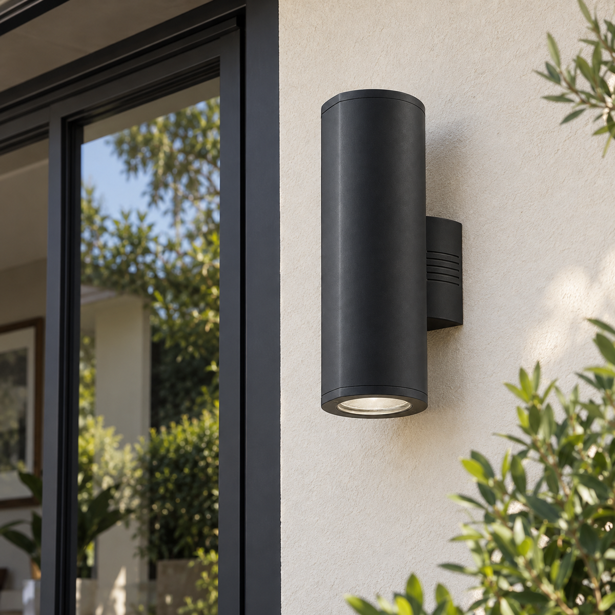 Black Outdoor Wall Light - Die Cast Aluminium IP44 — shown beside a window in daylight