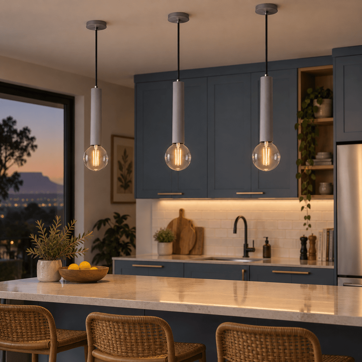 230V 40W E27 Flute Pendant, Grey — grouped over a kitchen counter