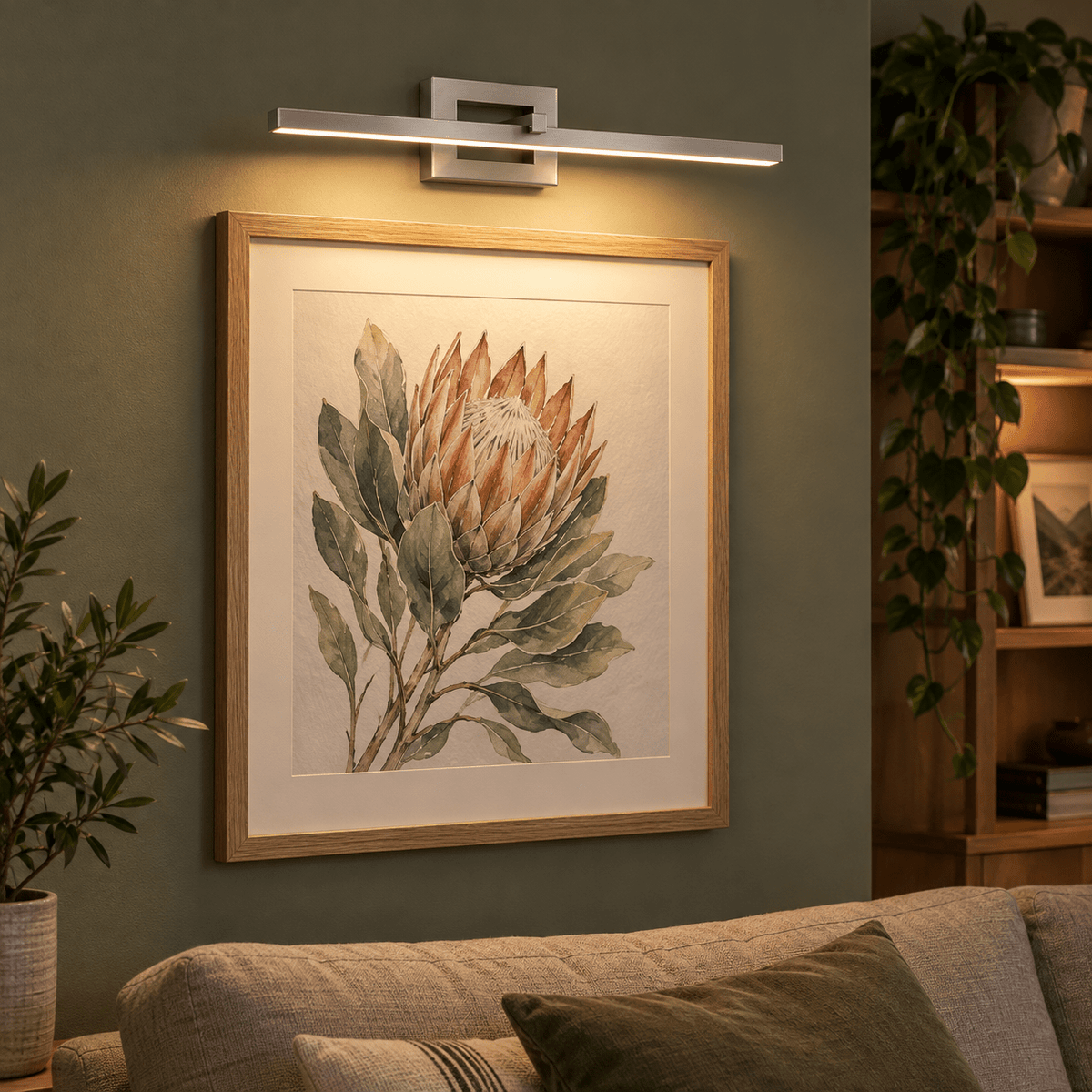 Satin LED Picture Light Warm White — illuminating framed art in a living room