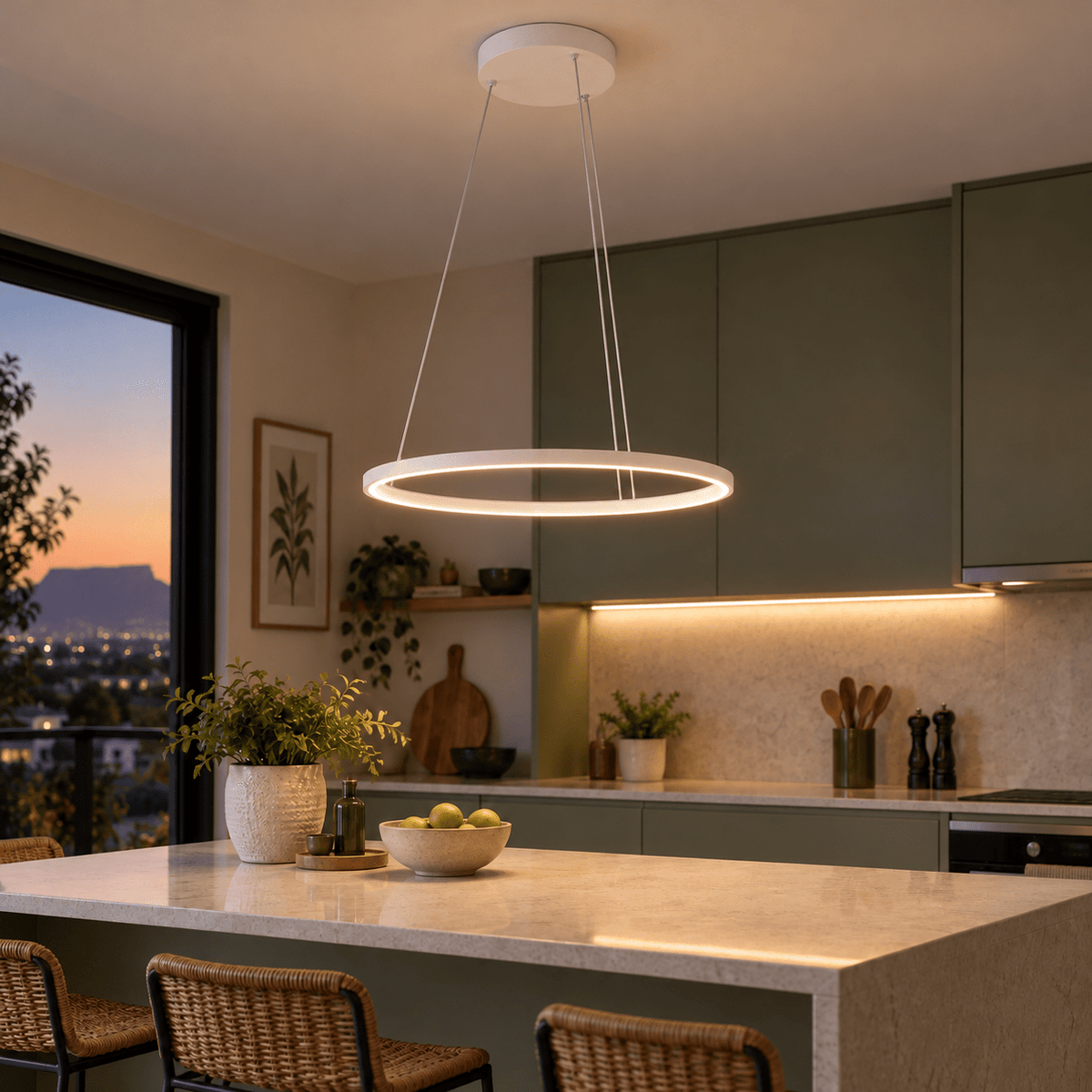 White 60cm continuous LED ring pendant illuminated above an olive-green kitchen island.