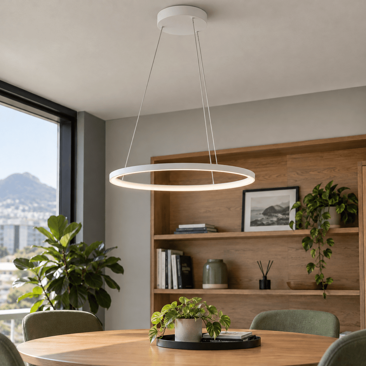 White 60cm continuous LED ring pendant switched on above a studio meeting table.