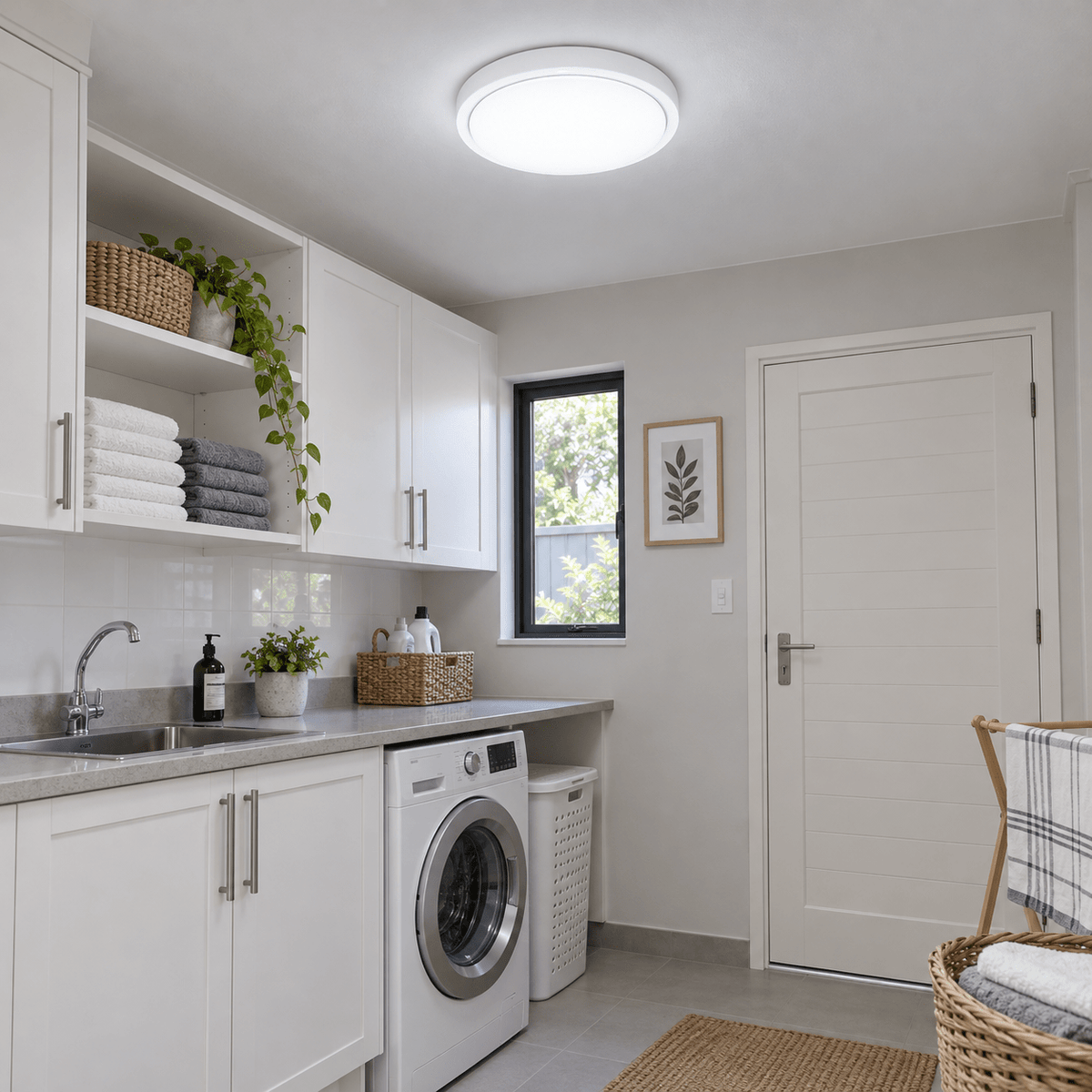 Cool White LED Ceiling Light Polycarbonate 24W 340mm Diameter — installed in a dry utility room